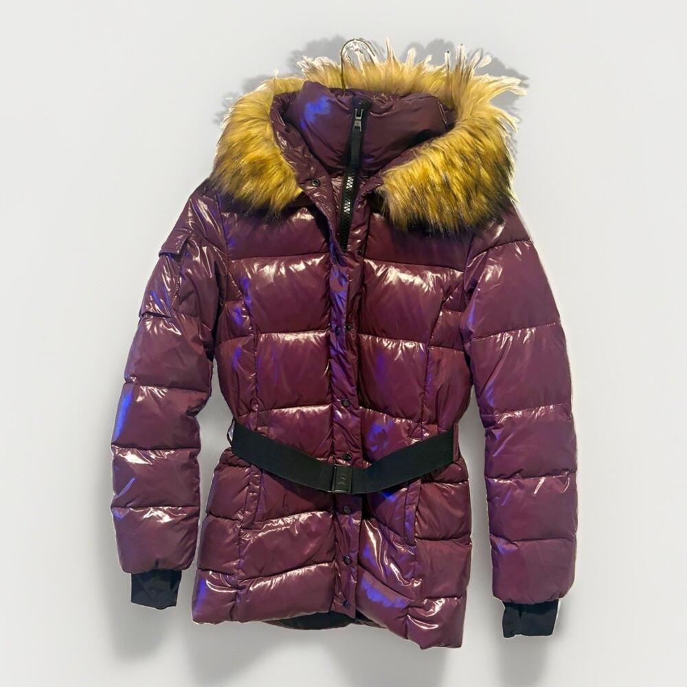 S13 New York Women M Glossy Belted Puffer Jacket Purple Down Coat Faux Fur Hood